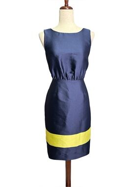 J. Crew Collection Silk Blend Navy Bow Back Dress Yellow Hem Cocktail Size 6